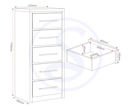 Seconique Seville 5 Drawer Narrow Chest in Grey Gloss/Light Oak Effect Veneer
