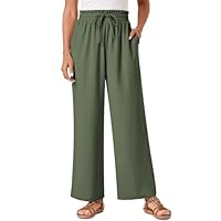 Glacspyg Damas Pantalones Casuales Flowy Pierna Ancha Ocio Pantalones de Cintura Alta Cordón Palazzo con Bolsillos Verde grisáceo M