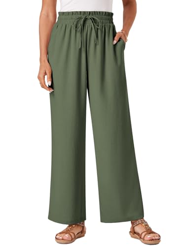 Glacspyg Damen Hosen Casual Flowy Wide Leg Freizeithose High Waisted Kordelzug Palazzo Hosen mit Taschen Graugrün L