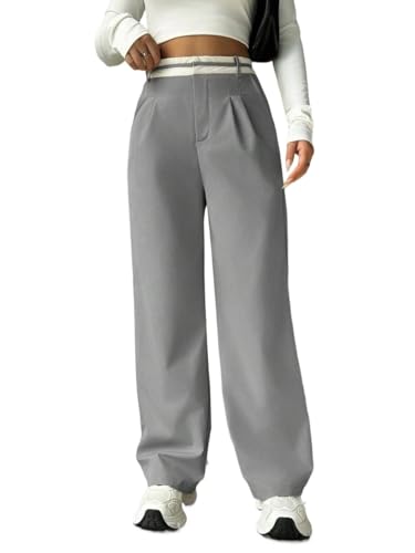 Women's casual sports work pants Colorblock Pleated Pocket Straight Loose Pants