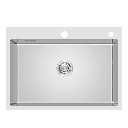 KEOKBON Fregadero de 65 x 50 x 19 cm, hecho a mano, de acero inoxidable 304, con orificio para grifo, 28 mm) con juego de desagüe, 1 lavabo de acero