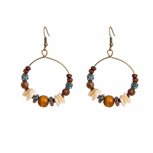 Boho Beaded Hoop Earrings for Women Vintage Wood Beads Shell Turquoise Dangle Earrings Ethnic Tassel Charms Drop Earrings Statement Jewelry Gifts