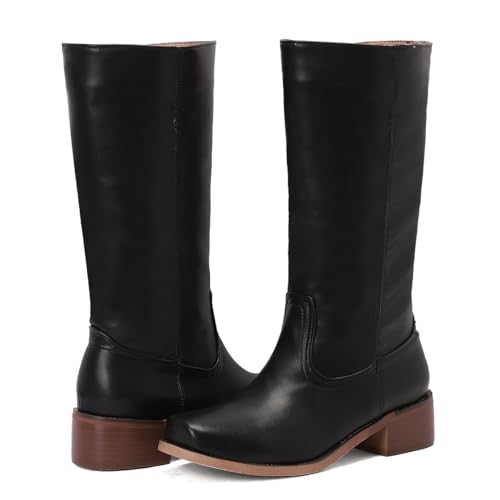 Women's Large Size Vintage Knee High Boots Faux Leather Chunky Block Heel Square Toe Long Boots Comfortable Low Heel Campus Western Cowboy Boots2