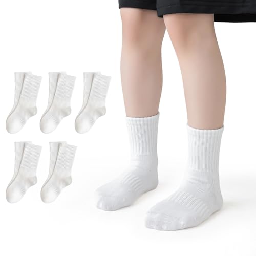 Fiohiros 5 Pairs Kids' Crew Socks, Cotton Athletic Cushioned Seamless for Boys and Girls, Ideal for Sports, School & Running (AU, Alpha, Large, Standard, White)
