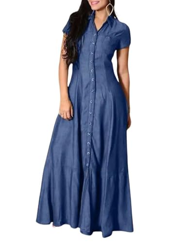 utcoco Womens Short Sleeve Denim Maxi Dress Casual Loose Fit Button Down Long Jean Dresses