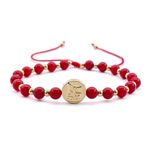 St Michael Archanel Coin and Natural Round White Turquoise Beads Adjustable Bracelet for Women