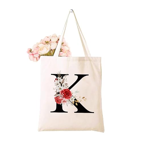 Canvas Cotton Tote Bag with Floral Design Printed with Initial Letters Bridesmaids Bags for Women Reusable Eco-Friendly Shopping Bag Party Gift Idea Easy to carry Ladies casual hand bag K