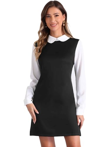 Allegra K Damen Langarm Bubikragen Colorblock Kariertes Minikleid Kleid Schwarzer Feststoff M