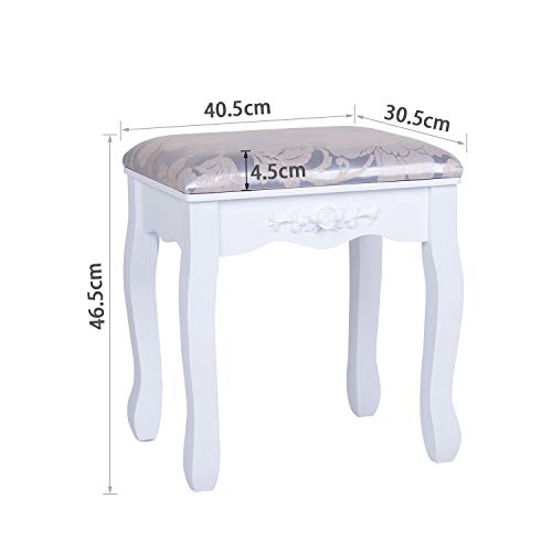 Joolihome Dressing Table Stool, Padded Bench Chair Makeup Seat Baroque Piano Chair White with Rubberwood Legs