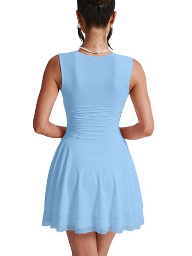 HOCILLE Women's Sexy Square Neck Mini Dresses Sleeveless Ruched Waist Ruffle Hem Club Party Short Dress2