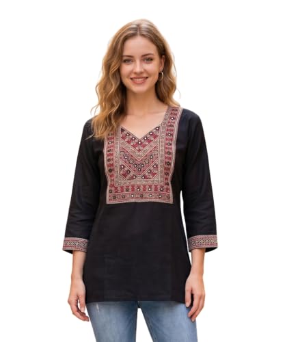 Image of Women's Premium Viscose Rayon Floral Printed Short Kurti | Stylish Bell Sleeves with Pom-Pom Lace | Tunic Top for Jeans & Office Wear
