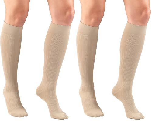 Truform Compression Socks, 15-20 mmHg, Women's Dress Socks, Knee High Over Calf Length, Tan Rib Knit, Medium (Pack of 2)