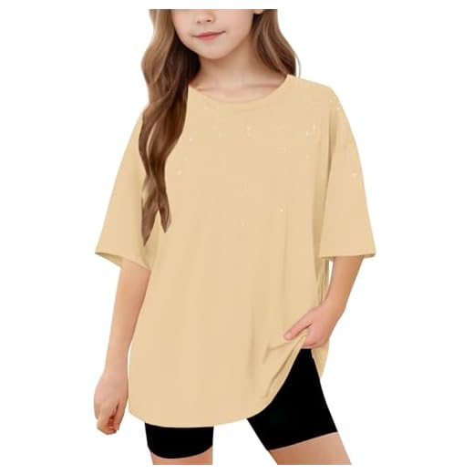 Beige Tee Shirt Ample Manches Mi-Longues pour Ado Enfant Fille Garcon 5-15 Ans, Tshirt à Manches Courte Imprimé Couleur Dégradée, Mode Basique Haut Top Longue Décontractée pour Adolescent