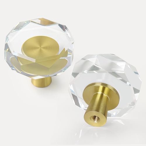 CEYMIO 4 Pack Gold Crystal Cabinet Knobs, 1-1/4 Inch Glass Drawer Pulls and Brass Handles for Kitchen,Dressers, Closets and Bathroom Hardware