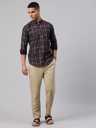 Image of Majestic Man Men's Pure Cotton Printed Mandarin Collar Regular Fit Roll-Up Sleeves Short Kurta