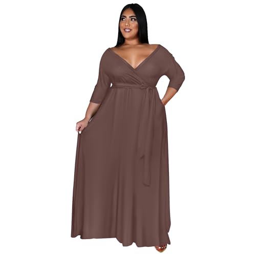 Image of Nmoder Plus Size Maxi Dress for Women - Summer Casual 3 /4 Sleeve Floral Flowy Long Dress with Belt XL- 6XL
