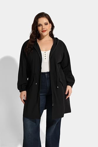 CARCOS Women Plus Size Raincoat Lightweight Waterproof Rain Jacket Travel Hooded Trench Coat XL-5XL2