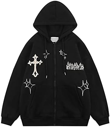 Bopoft Y2k Hoodie Zip Up Men Women Fashion Cross Graphic long sleeve Goth Clothing Y2k Aesthetic Streetwear Jacket Black M