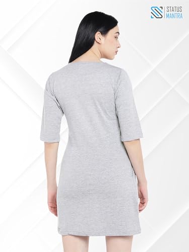 Image of STATUS MANTRA Women's Long T-Shirt Dress - Cotton Casual Knee Length Dress with 3 /4 Sleeves | Soft Bio-Washed Fabric, Crew Neck, Relaxed Fit | Comfy Summer Lounge Wear