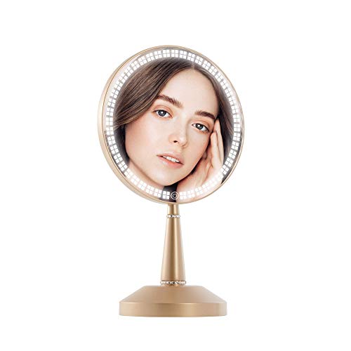 Impressions Bijou LED Hand Mirror with Charging Base, Round Shape 5X Magnifying Vanity Makeup Mirror with Touch Sensor and Adjustable Brightness (Champagne Gold)