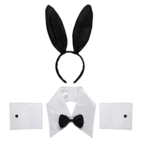 Aislor Hasen Kostüm Damen Häschen Bunny Cosplay Set Sexy Stirnband Kaninchenohren Kragen Fliege Manschetten Plüsch Schwanz Party Clubwear Black&White One Size Cover