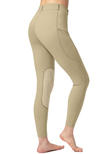 SANTINY Women's Horse Riding Pants with Zipper Pockets Knee-Patch Schooling Tights Equestrian Breeches for Women