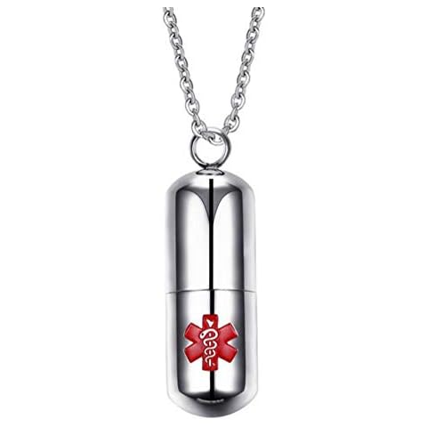 LAFATINA Mens Women Medical Alert ID Capsule Tube Stainless Steel Pill Case Emergency Card Holder Pendant Necklace for Boys Girls Old Cover