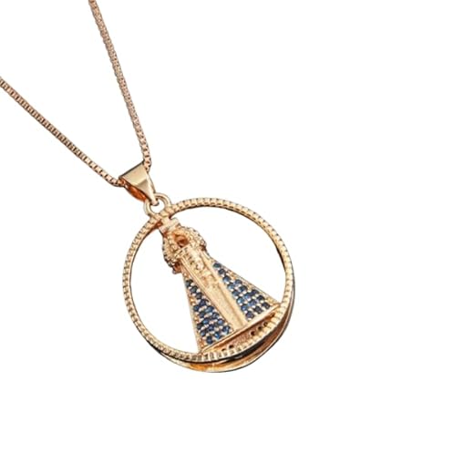 Colar Nossa Senhora Aparecida Banhado a Ouro 18k, Pingente Circular com Zircônias Azuis e Brancas, Dupla Face