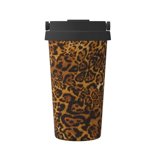 ヒョウ柄 水筒 スポーツボトル 真空断熱ケータイマグ 500ml ステンレス製 直飲み キャリーハンドル付きコーヒーカップ 持ち運び便利 コンパクト 保温保冷 ドリンクカップ