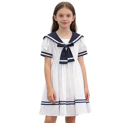 Image of Valcatch Girls Casual Sailor Dress, Navy White Preppy Style with Bow, Breathable Pleated Dress for Daily Wear, School, Party & Summer Outings for Ages 3-14 Years