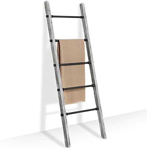 MyGift 5-ft Rustic Gray Washed Solid Wood Wall Leaning Blanket Ladder with 5 Metal Pipe Rungs, Bathroom Towel Ladder Rack