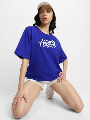 Veirdo® Pure Cotton Round Neck Oversized Baggy Fit Latest Stylish Front & Back Graphic Printed Half Sleeve Boyfriend T-Shirt for Women (Color Options- Black, Orange, Royal Blue & Lilac)