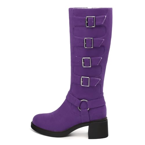 Women's Knee High Boots, Round Toe Riding Boots, Side Zipper Low Chunky Heel Knee-high Booties, Fashion Ankle Strap Buckle Knee High Boot for Women2