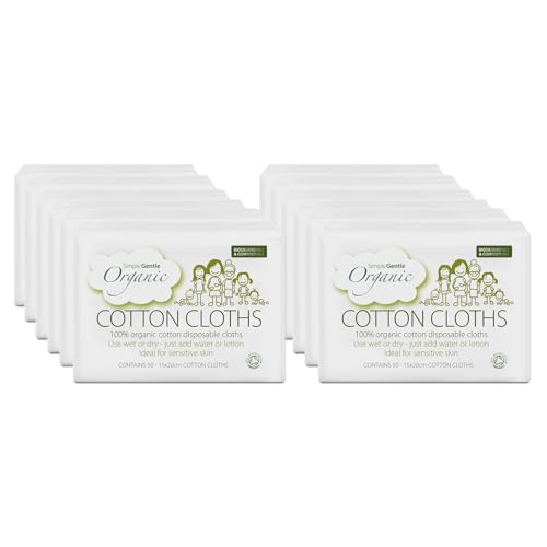 Simply Gentle Organic Dry Wipe/Cotton Cloths Perfect for Sensitive Skin - Pure Cotton Cloths for Newborn Baby - Free from Odours Parabens & Alcohol - Multi-Purpose - Disposable Cloth - 50 (Pack of 12)