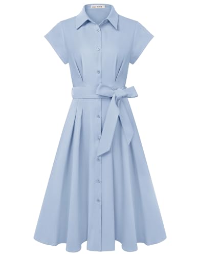 Damen Sommer Kurzarm Reverskragen Knöpfen Taillengürtel Kleid Elegant A-Linie Midi Blusenkleid mit Taschen Himmelblau XL