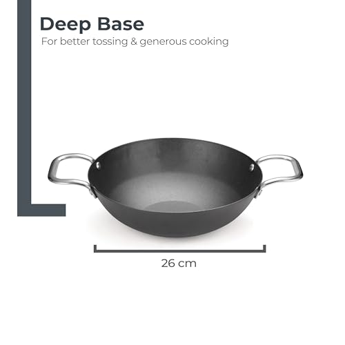 Image of Lifelong Carbon Steel (Iron) Kadhai 28cm | High Heat Stir Fry & Bhuna Kadhai with Stainless Steel Handle | Naturally Seasoned Non-Stick Surface | Induction & Gas Compatible | Lightweight Build