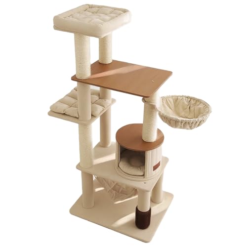 Indoor Cat Tree Tower, Cat Tree Tall with Sisal-Covered Scratching Posts, Condo, Hammock and Extended Platform for Play and Sleep