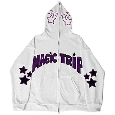 ROAONOCOMO Y2K Aesthetic Zipper Hoodie Sweatshirt Long Sleeve Harajuku Punk Grunge Outfit Retro Vintage Oversized Outwear, Star White 1, Medium Cover