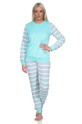 Normann Geringelter Damen Frottee Schlafanzug Langarm Pyjama mit Eiskristall, Farbe:Mint, Größe:40-42