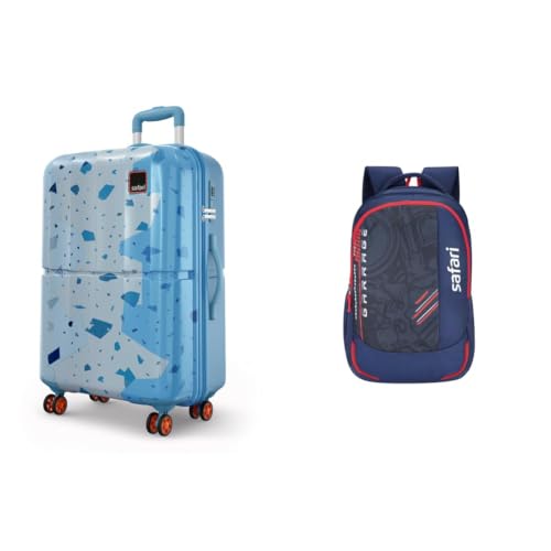 Image of Safari Tazzo 8 Wheels 77cm Large Size Trolley Bag, Hard Case Polycarbonate, 360º Wheeling Small + Torque 37L Casual Printed Backpack, 3 compartments, Bottle Holder, Front Pocket, School Bag