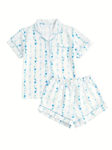 Image of Verdusa Pajamas For Women Set 2 Piece Cute Pjs Sleepwear Lounge Sets | Pj Sets For Woman, Button Down Shirts With Pajama Shorts, Cute Print, Comfy Sets