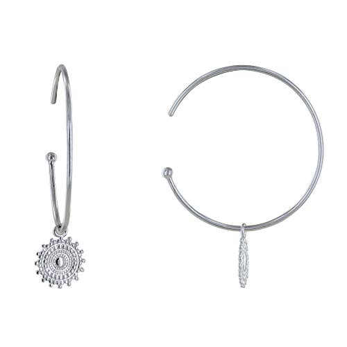 Boucles d'oreilles argent rhodié de créateur avec demi créoles et soleil