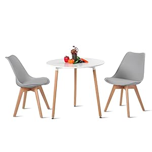 H.J WeDoo Table de Salle à Manger et 2 Chaises, Ronde Table en Bois Diamètre 80 cm, Chaises 52 x 48 x 82 cm, Ensemble de Meubles pour la Maison, Le Bureau, la Cuisine, Le Balcon, Gris