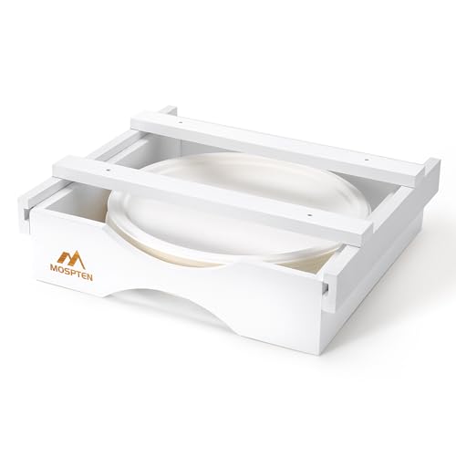Mospten Bamboo Paper Plate Dispenser Under Cabinet - Holder for 10 Inch Plates, Organize Kitchen with Under Shelf Storage, Easy Access Paper Plate Holder - White