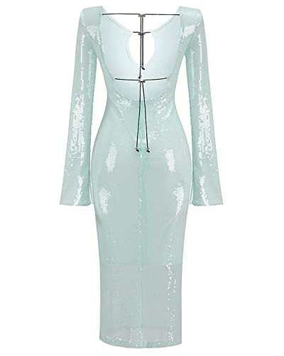 Image of Women's V Neck Long Sleeve Glitter Sequins Mermaid Evening Gown Dress