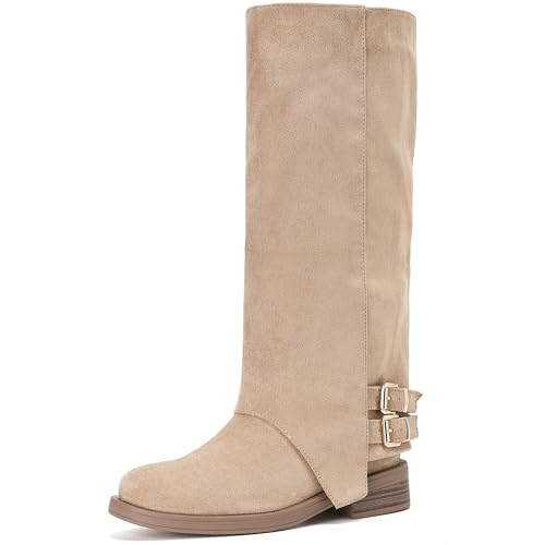 Putu Women's Fold Over Boots Flat Knee High Boots Faux Suede