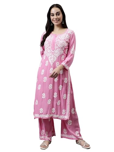 Image of Seva Chikan Hand Embroidered Lucknowi Chikankari Rayon Kurta and Palazzo Set SCL8037