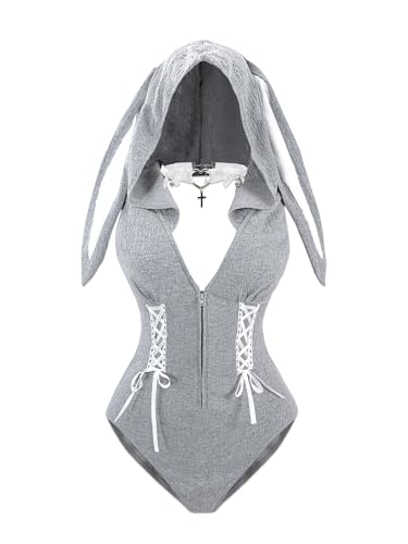 Costume de lapin pour femme gris avec capuche et fermeture éclair