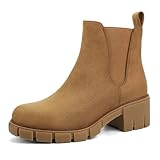 JABASIC Chelsea Boots pour femmes bottes à plateau élastiques à glisser (42,Marron clair)