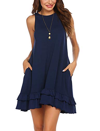 Beyove Woman s T Shirt Dress Casual Tunic Dress Pockets Swing Tank Dresses Solid Sleeveless Ruffle Dresses Navy Blue